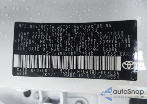 2024 Toyota Corolla Le из США, поврежденный, VIN 5YFB4MDE7RP107916